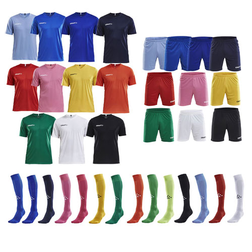 10 stk. trjer Craft Squad Jersey, 11 par Craft Squad shorts, 1 stk. Craft Squad GK LS Jersey og 11 par Craft Squad Sock. 